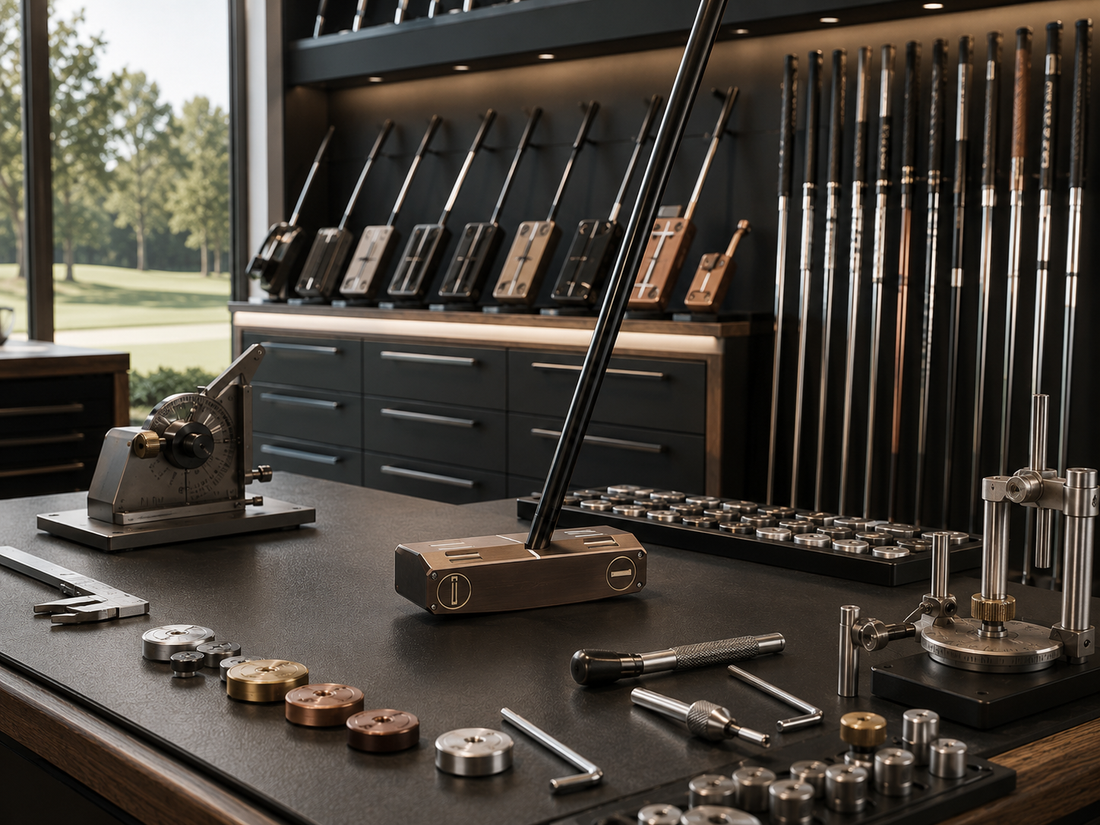 Custom putter build bench with shafts, weights, loft and lie tools