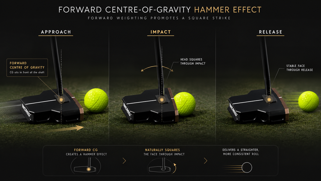 Diagram of the forward center-of-gravity hammer effect through approach, impact and release