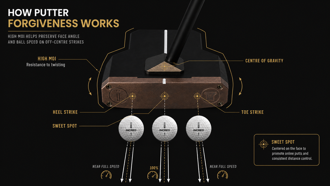 Diagram showing how high MOI preserves ball speed and face angle on heel, center and toe strikes