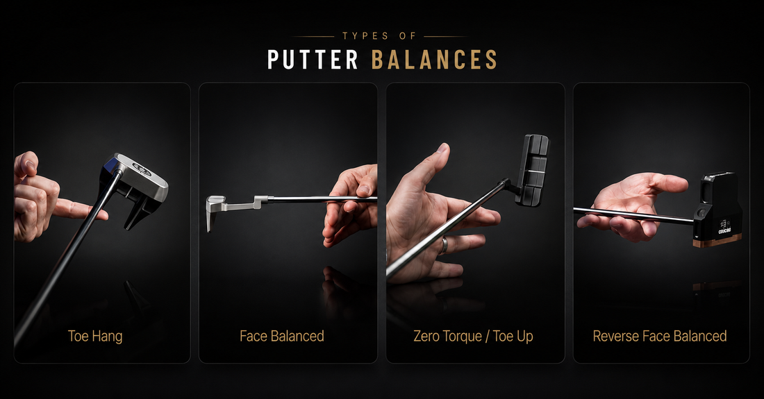 Four types of putter balance compared: toe hang, face balanced, zero torque / toe up and Reverse Face Balanced