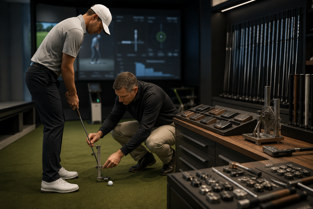 Golfer being fitted for a putter while a fitter measures lie angle in a fitting studio